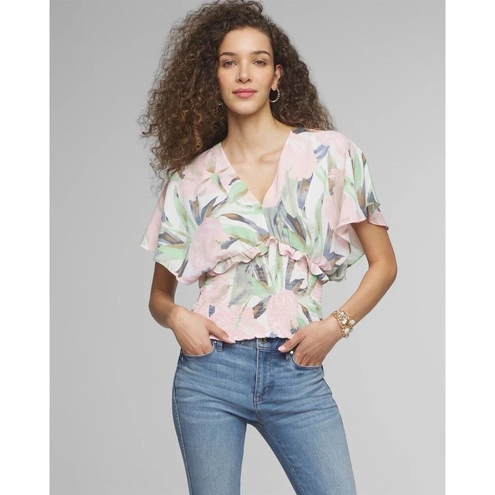 White House Black Market Women's Pink/Green Floral Chiffon V-Neck Blouse Sz 10